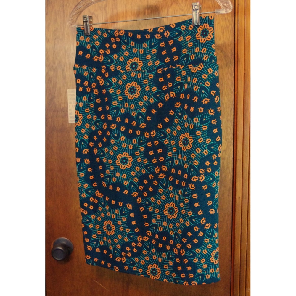 LuLaRoe Cassie Pencil Skirt Medium Teal Orange Geometric Kaleidoscope NWT